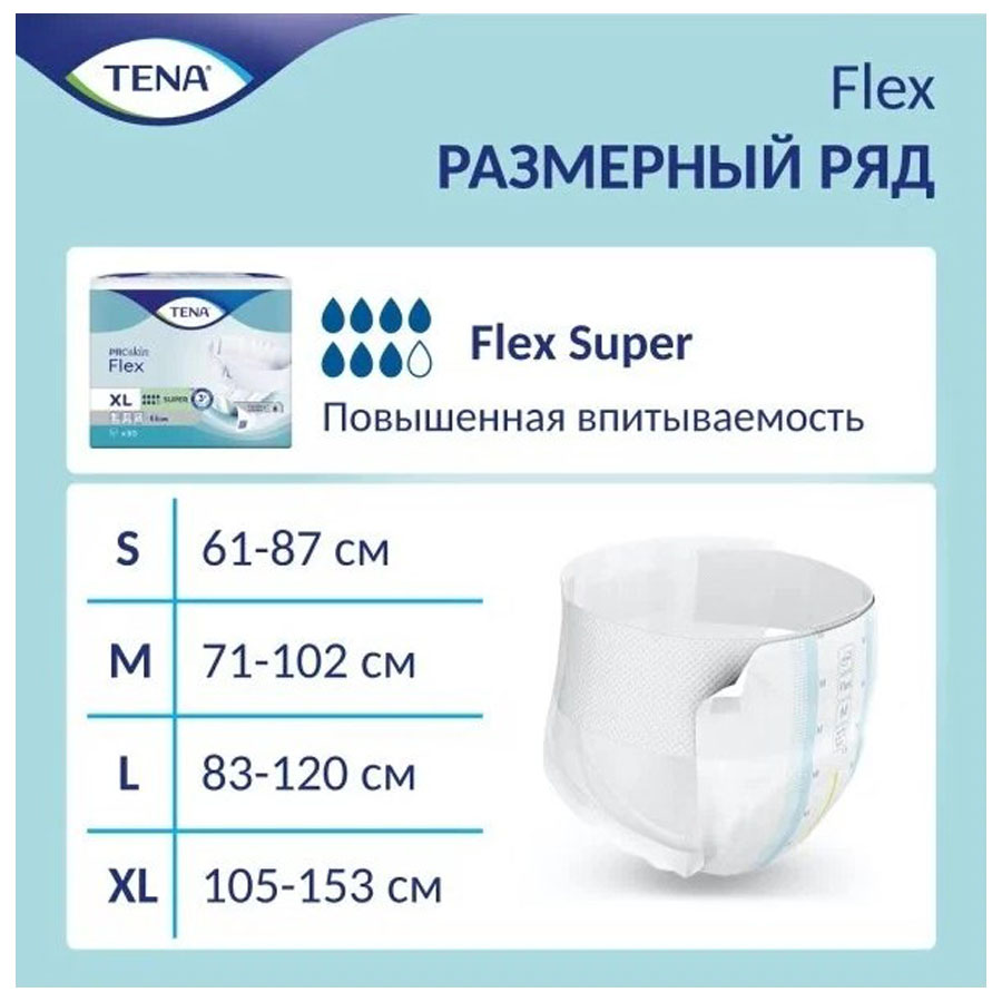 Tena flex super подгузники для взрослых m обхват талии/бедер до 102 см 30 шт.