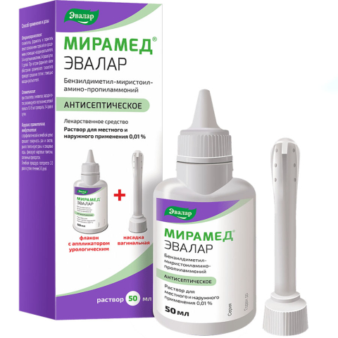 Мирамед Эвалар 0,01% раствор для местного и наружного применения с аппликатором урологическим + насадка вагинальная, 50 мл