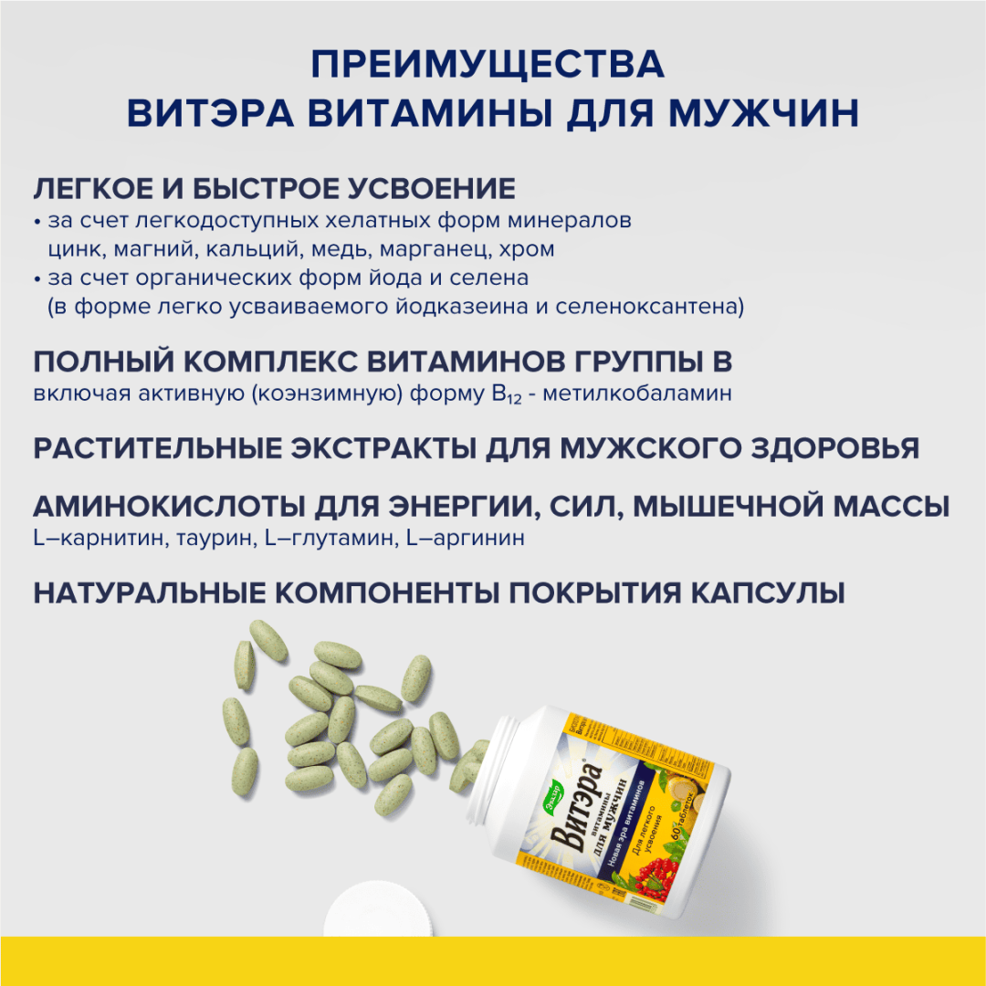 Витэра витамины для мужчин по 1,3г таблетки, 60 шт.