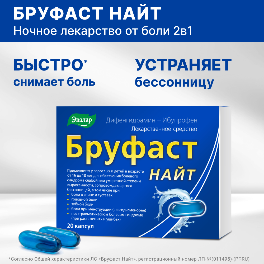 Бруфаст Найт 25 мг + 200 мг капсулы, 20 шт.