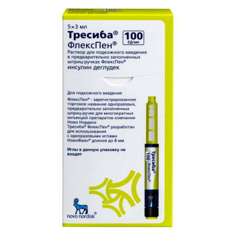 Тресиба ФлексПен, раствор для п/кож.введ.100 ед/мл 3 мл картриджи в шприц-ручках, 5 шт.