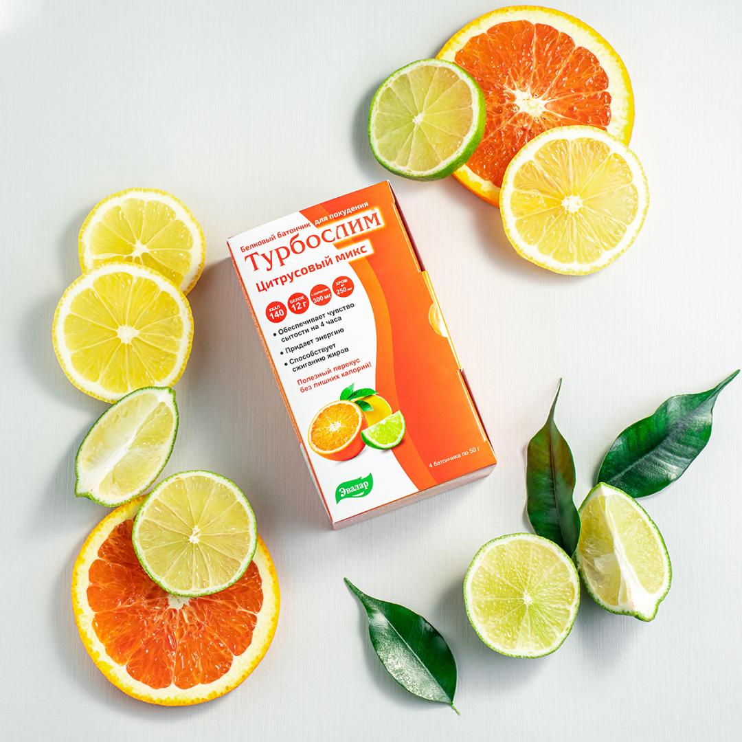 Турбослим Эвалар 50г батончик для похудения со вкусом цитрусовый микс, 4 шт.