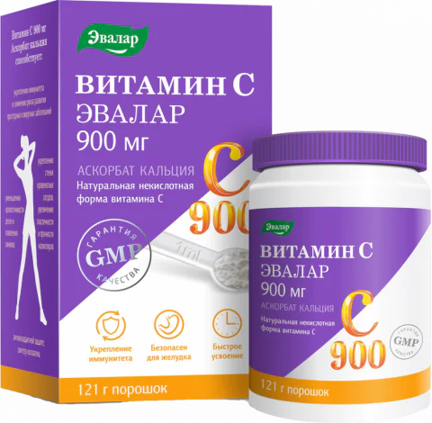 Витамин С 900мг Аскорбат кальция порошок, 121 г, Эвалар - купить по ...